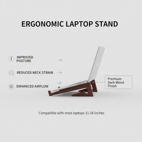 Image of Foldable, Adjustable, Wooden, Laptop Stand Ergonomic, Portable Tabletop Laptop /Desktop Riser Stand that Works with MacBooks, HP, Dell, Lenovo, and All Other notebooks Dark Walnut