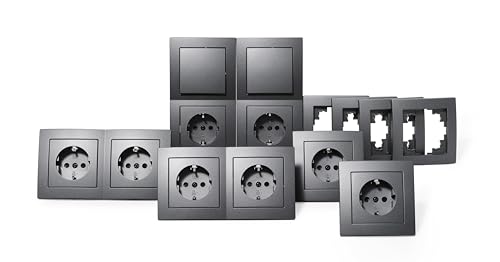 MC POWER - FLAIR - Wand Steckdosen und Schalter Set | Standard | 20-teilig | dunkelgrau anthrazit, matt