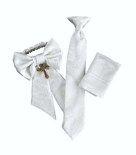Boys First Holy Communion Necktie Pocket Square and Armband Set White Clergy Brocade4