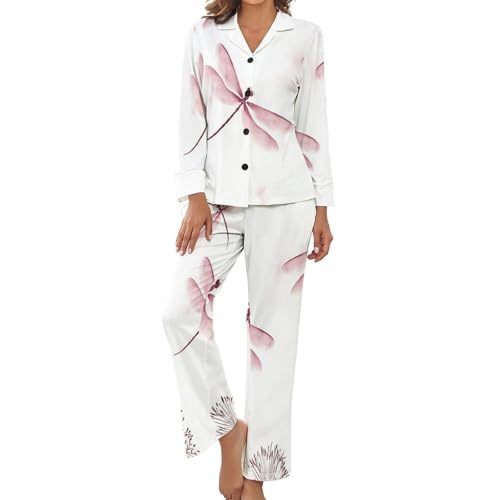 Ensemble pyjama femme printemps été imprimé libellule 2 pièces manches longues