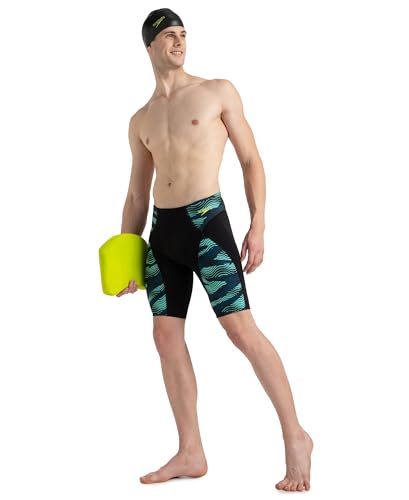 Image of Speedo Men's Endurance+ Hydrosense Print Compression Jammer Swimming Trunks | Chlorine Resistance | Quick Drying | Elasticated Waistband with Silicone Gripper | Flat Drawstring | V-Cut Design