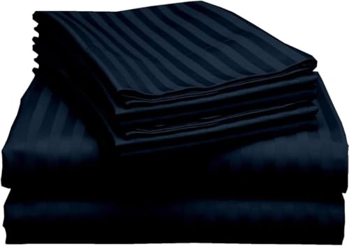 Image of Queen Size Bedsheets for Single Bed 600 TC - Cotton Elastic Fitted Sheet (66 x 75 Inches) with 10 Inch Drop- Color Navy Blue Stripe [ Fitted Sheet with 2 Pillow Cover]