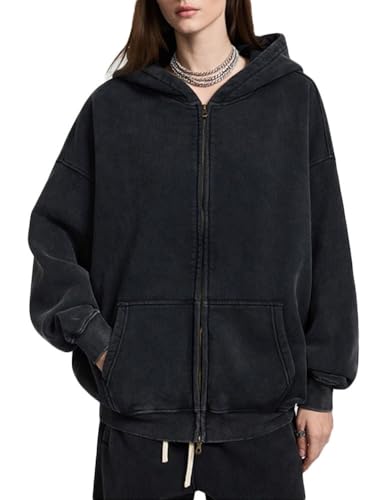Mens Oversized Zip Up Hoodie Women Acid Wash Hoodie Heavyweight Fleece Full Zipper Vintage Sweatshirt
