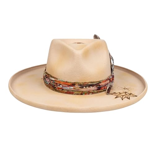 Image of RUEDIGER Vintage Pencil Brim Fedora Hats 100% Wool Felt Hat Panama Rancher Hat with Lightning Logo Handmade Distressed /Burned