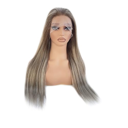 Image of Chocolate Brown with Ash Blonde Highlight Lace Front Wig Human Hair, 13x4 HD Lace Frontal Real Human Hair Wig for White Women Pre Plucked Straight 180% Density Brazilian Remy Glueless Wigs 16 Inch