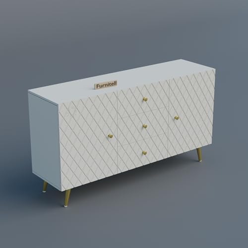 Image of Wooden Sideboard Cabinet for Living Room & Bedroom | Geometric Design Side Board Crockery Cabinet with 2 Doors & 3 Drawers Storage for Home & Entryway| HDMR Premium Wood | Golden Metal Legs (White)