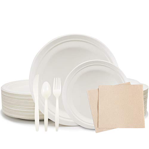375 Piece Disposable Dinnerware Set, Biodegradable 9In And 7In Compostable Eco Friendly Plates, Plus 100 Napkins Eco Friendly Party Supplies, Utensils