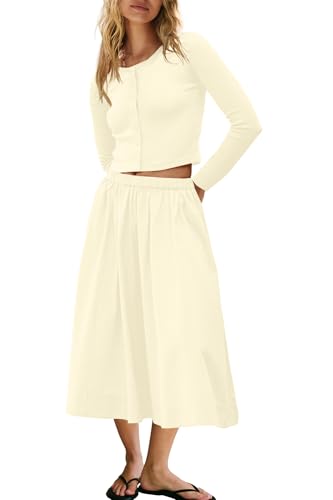 Image of Panadila Womens 2 Piece Lounge Sets Matching Vacation Outfits Ribbed Button Down Cardigan and Elastic Waist Skirt Sets