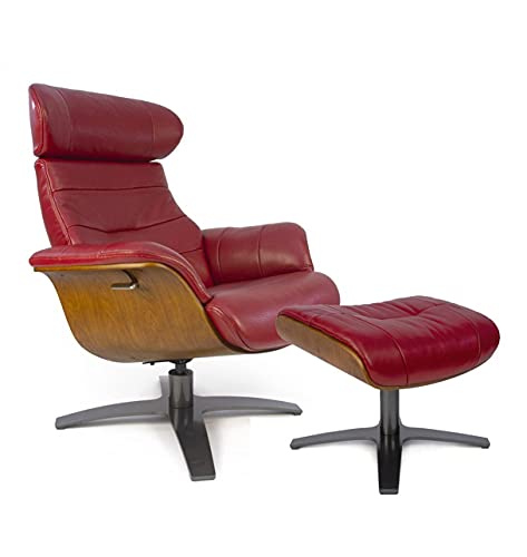 MND MY NEW DESIGN Vega : Fauteuil de Relaxation et Son Repose Pieds - Chêne Naturel - Cuir Rouge