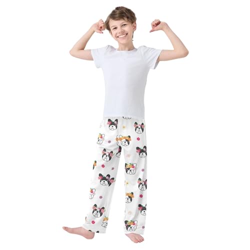 Boys' Pants Cartoon Bulldog Face Flower Cute Long Bottoms Jogger Pants Elastic Waist Trousers with Pockets S-XL2
