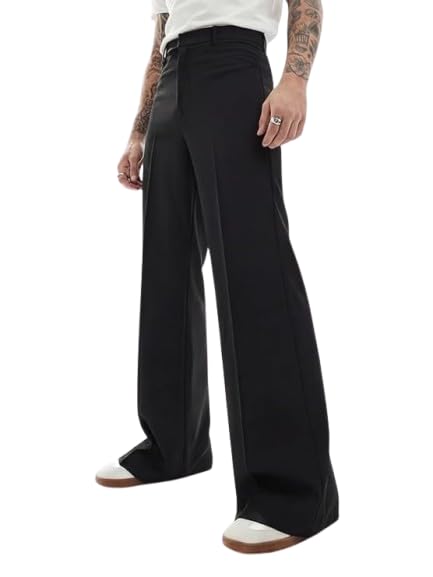 Image of FUGAZEE Black Highwaisted Bell Bottom Trousers for Men | Soft Cotton Twill Fabric | Wide Flared Bottom Pants | Regular Rise with Belt Loops | Retro 70s Style Streetwear Fashion