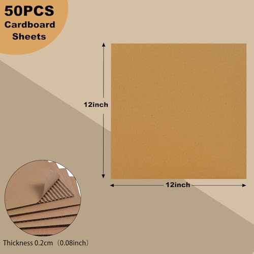 Image of 50 Pack 12x12 Inch Brown Corrugated Cardboard Sheets, Corrugated Cardboard Filler Insert Sheet Pads for Mailing, Pack Shipping, Cardboard Backing, Craft Card Board