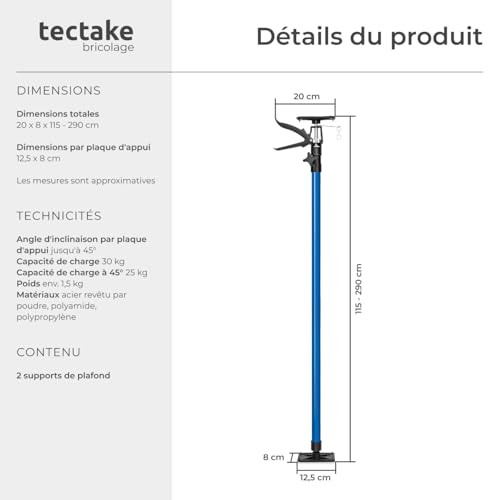 tectake® Lot de 2 Etais telescopique Support Plafond, Etai telescopique, réglable en hauteur de 115 à 290 cm, Charge max. 30kg par Etai de soutien, Fixation rapide, Bricolage, Outil plaquiste, Bleu – vue 6