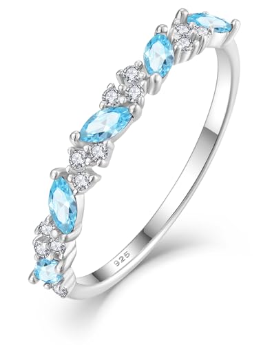 YL Blue Aquamarine Halo Promise Ring for Women 925 Sterling Silver Mariquesa Created Birthstone Stacking Rings Statement Eternity Wedding bands Jewelry Size 8
