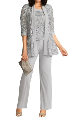 HEWEIGUI 3 Pieces Lace Mother Bride Pantsuits with Jacket for Wedding Dressy Formal Pants Outfit 3/4 Sleeve WHC112