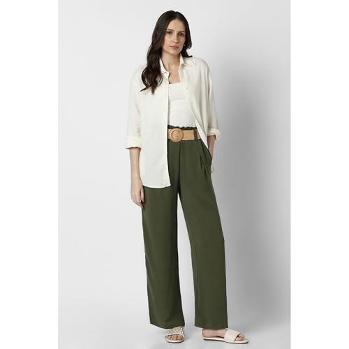 Image of Van Heusen Women's Regular Fit Mid Rise Belted Casual Wide Leg Pants