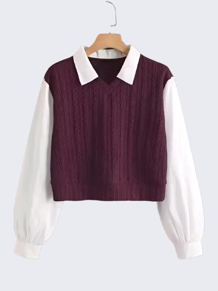 Image of Regular Fit Collared Knit Top for Women, Long Sleeve Casual T-Shirt, Black and White, Rib-Knit Material, Korean Trendy Style