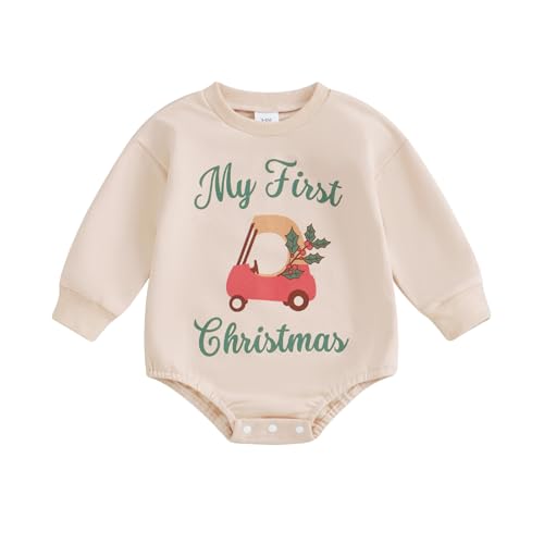Zukmuk Baby Boys Girls Christmas Outfit Merry Mini Sweatshirt Romper In My Christmas Era Letter Embroidery Santa Crewneck Bubble Jumpsuit (Apricot Car, 0-3 Months)