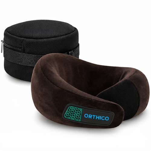Image of Neck Pillow for Travelling with Cooling Gel Memory Foam, Ergonomic Travel Neck Pillow and Neck Pillow for Car, Compact Travel Pillow for Flight and Office Chair Support (Dark Brown)