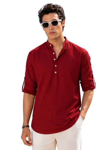 Image of Majestic Man Men's Pure Cotton Solid Mandarin Collar Slim Fit Roll-Up Sleeves Short Kurta Lightweight Summer Kurta for Daily & Occasion Use