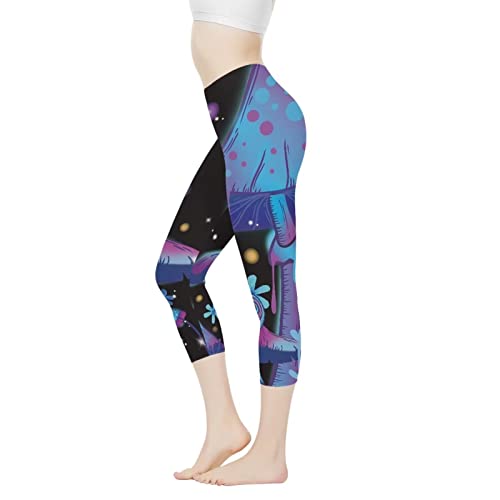 Coloranimal Hippie Mushroom Leggings,Womens Mushroom Snail Yoga Leggings High Waisted Athletic Yoga Pants Sports Jogging Activewear Tummy Control Soft,Blue