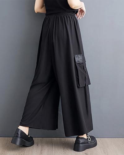 ellazhu Women's Pants Drawstring Solid Wide Leg Flowy Hem Casual Loose GZ417 A2