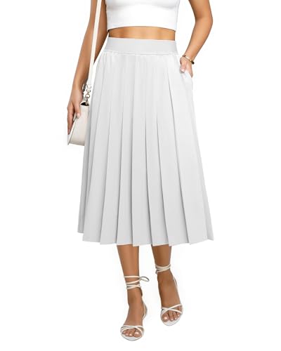 DLOODA Pleated Skirts for Women with Pockets Elastic High Waisted Flowy Midi Skirt A Line Fall Long Skirts Work Office (White M)
