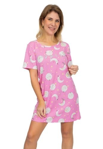 Camisola Algodão Feminina Manga Curta Adulto – Lua Rosa (Rosa, GG)