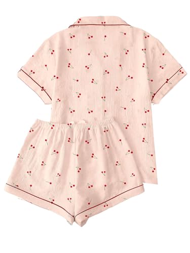 Image of Remidoo Cherry Pajamas for Women Short Sleeve Button Down 2 Piece Pajama Set Sleepwear Pink X-Small