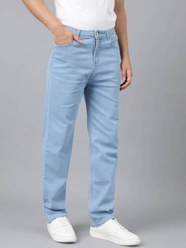 Image of KOTTY Men's Solid Abyssal Anchorfish Blue Button Straight Fit Jeans