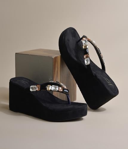 Image of JM LOOKS Women's Rhinestone Sandals High | Low Platform T-Strap Jewel Sandals High Wedge Flip Flops Sandal Summer Beach Sandal