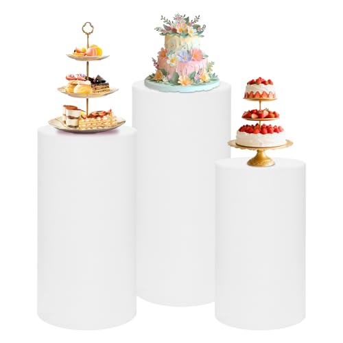 magalo Cylinder Pedestal Stand Covers Set of 3 Spandex Display Pedestal Covers Round Plinth Pillar Cover for Birthday Party Wedding Baby Shower Decor(White Only Covers)