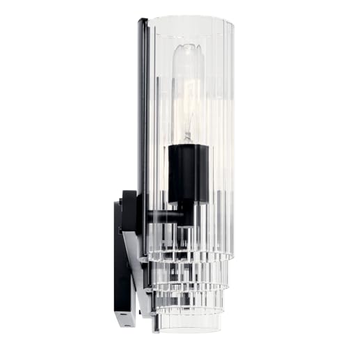 Image of Kichler Jemsa 4-Light Bathroom Vanity Light Fixture with Clear Fluted Glass in Black, Modern Wall Mount Vanity Lighting for Bathroom Over Mirror (9.75 in x 32 in), 55169BK