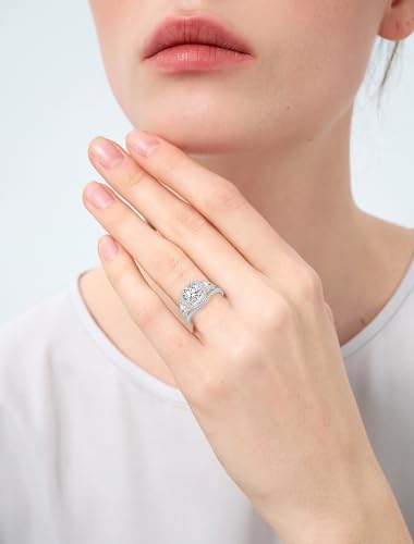 Image of moissanite 3 piece wedding ring set for Women,3CT Princess Cut Halo Bridal Set Wedding Bands S925 Sterling Silver with 18K White Gold Plated Engagement Anniversary Rings for Her Size 4.5-11