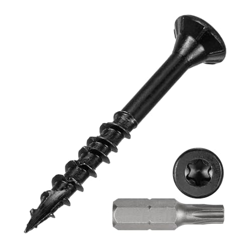 METALLIXITY Deck Screws (#8x1-5/8) 200Pcs, Carbon Steel Wood Screw Decking Screws Epoxy Coated with T25 Torx Drive Head - for Wood Fence, Table, Chairs, Black