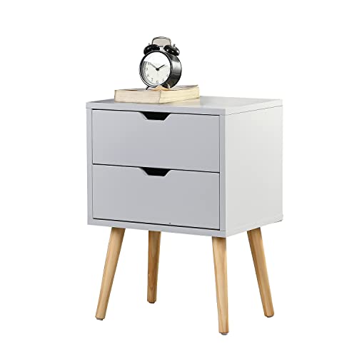 Image of Sweetgo End Side Table Nightstand with Storage Drawer -Fashion Modern Assemble Storage Cabinet Bedroom Bedside -Solid Wood Legs Living Room Bedroom Furniture-Double Drawer Nightstand (1, White)