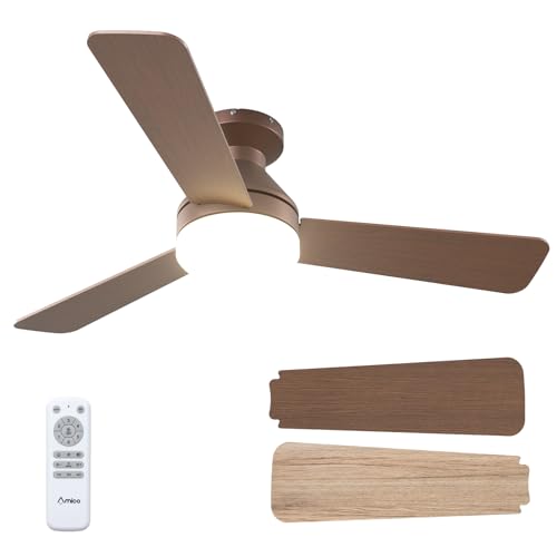 Image of Amico Ceiling Fans with Lights, 42 inch Low Profile Ceiling Fan with Light and Remote Control, Flush Mount, Reversible, 3CCT, Dimmable, Noiseless, Brown Ceiling Fan for Bedroom, Indoor /Outdoor Use