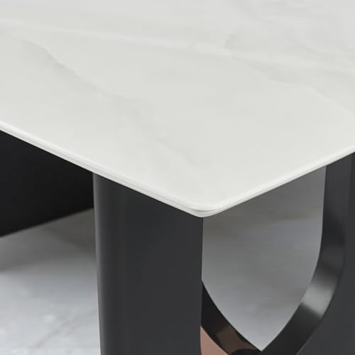 Image of The Attic Contemporary Pedestal Dining Table | White Faux Marble Top & Dual-Tone Black /Rose Gold Base | Rectangular 6 Seater Dining Table for Modern Homes