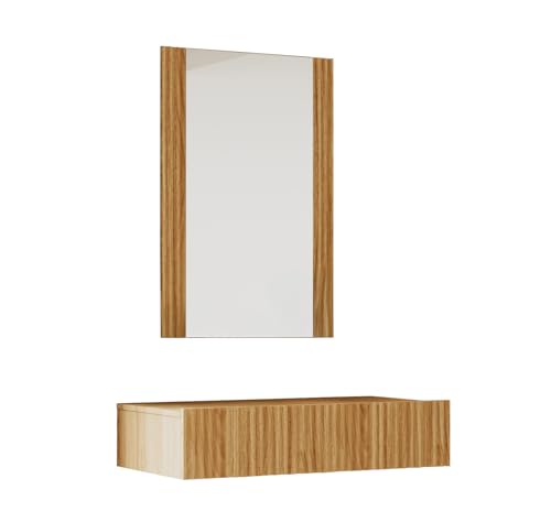 MB Muebles Bonitos, Coiffeuse Murale avec Miroir Velia, Table de Maquillage avec Tiroir, Design à Rainures, Mélamine et PVC, Couleur Chêne Alba, Idéale...