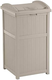Suncast 33 Gallon Trash Hideaway Easy Assembly Durable Plastic Garbage Container with Wood Look Design, 1 Beige and Brown (2 Pack)
