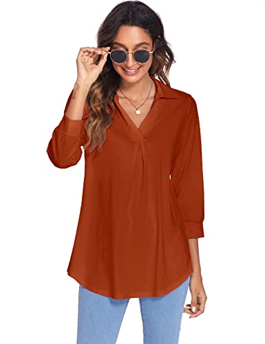 Newchoice Women's Collared V Neck 3/4 Sleeve Shirts Loose Business Casual Tops Trendy Dressy Work Blouses (Burnt Orange, S) #TOP7