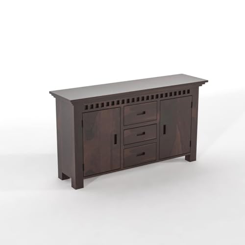 Image of Solid Sheesham Wood Sideboard and Cabinets | Wooden Side Board Media Console Tv Cabinet for Living Room | Free Standing Cabinet with 3 Drawers & 2 Door Cabinet Storage | Walnut Finish