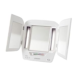 Jerdon Tri-Fold Two-Sided Makeup Mirror with Lights – Vanity Mirror with 5X Magnification & Multiple Light Settings – White Base – Model JGL12W