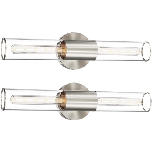 Image of Bathroom Vanity Light Fixture, 2-Light Brushed Nickel Wall Sconce Lighting Fixture with Clear Glass, Indoor E26 Socket Silver Wall Lamp for Mirror Living Room Hallway, 2 Pack