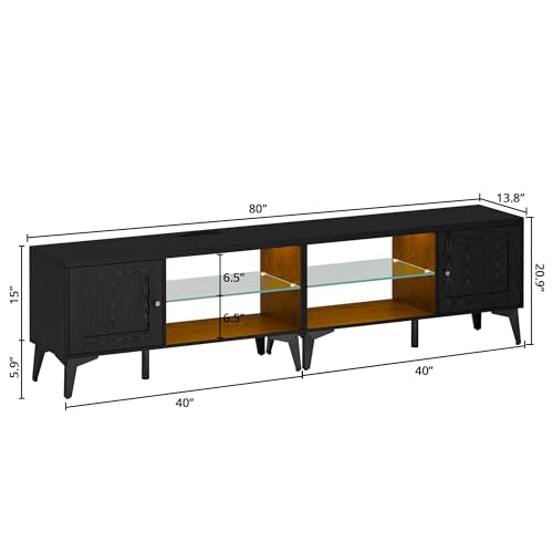 Image of LIKIMIO 2-in-1 TV Stand for 85 Inch TV, Black TV Consoles with LED Lights | 2 Storage Cabinets & Adjustable Glass Shelves, with Charging Station, TV Table for Living Room & Bedroom
