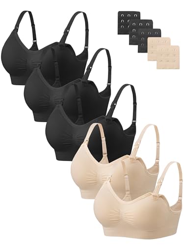 Image of Angelhood Nursing Bra 5 Pack Womens Maternity Breastfeeding Bra Seamless Wireless Sleep Bra with Bra Extenders