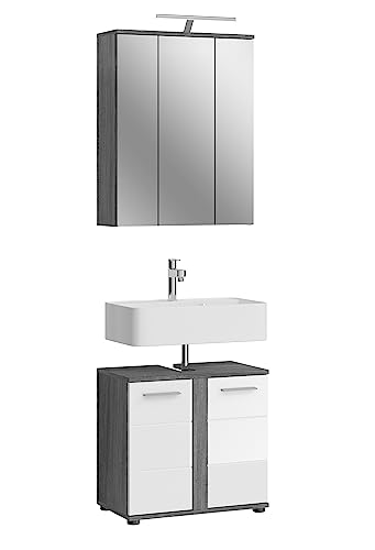 xonox.home Badezimmer Blake 2tlg. Kombination Badmöbel Set Set für kleine Bäder Komplettprogramm Badezimmer Bademöbel-Set in weiß Hochglanz, rauchsilber Nachbildung inkl. Beleuchtung