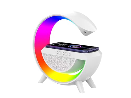 Pxujoqecg Table Lamp with Bluetooth Speaker, G Bedside Lamp with 15W Wireless Charger, Atmosphere Desk Lamp with Alarm Clock, RGB Bedside Nightstand Lamp, Hi-Fi Sound, Time Display