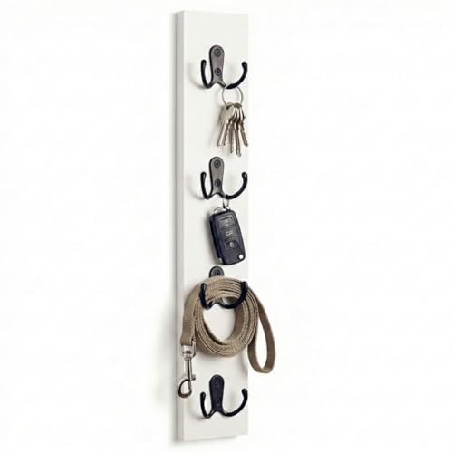 Vertical Key Holder for Wall & Dog Leash Holder Solid Wood Wall Mount Key Rack with 8 Hooks Small Space Saving Entryway Organizer for Keys Lanyards Masks (Adhesive or Screws) (White)