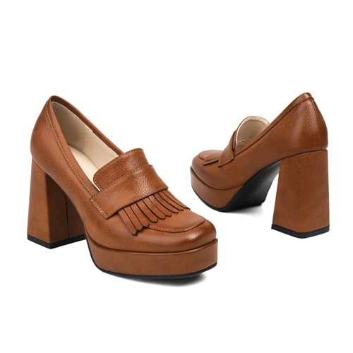 Alsoloveu Women's Platform High Heel Loafers Square Toe Chunky Heels Slip On Pump Shoes with Tassel Decor3